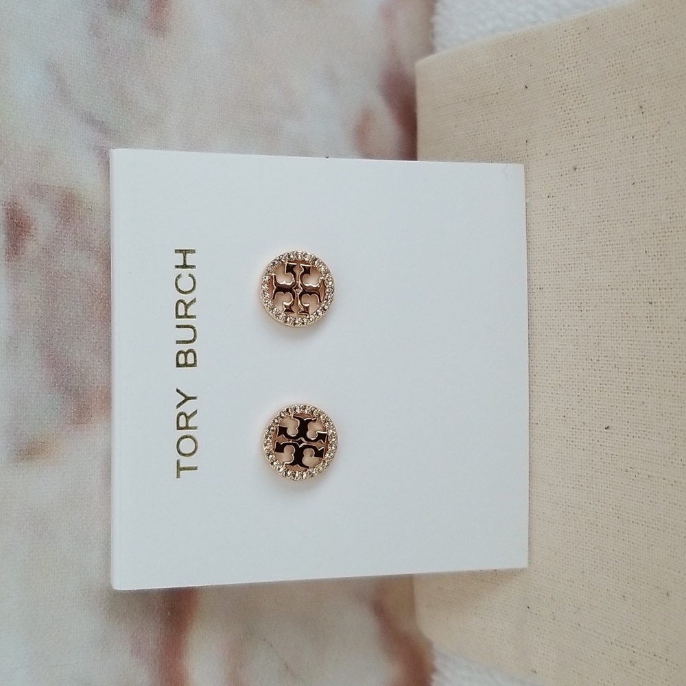 New Tory Burch Crystal Circle Logo Stud Earrings